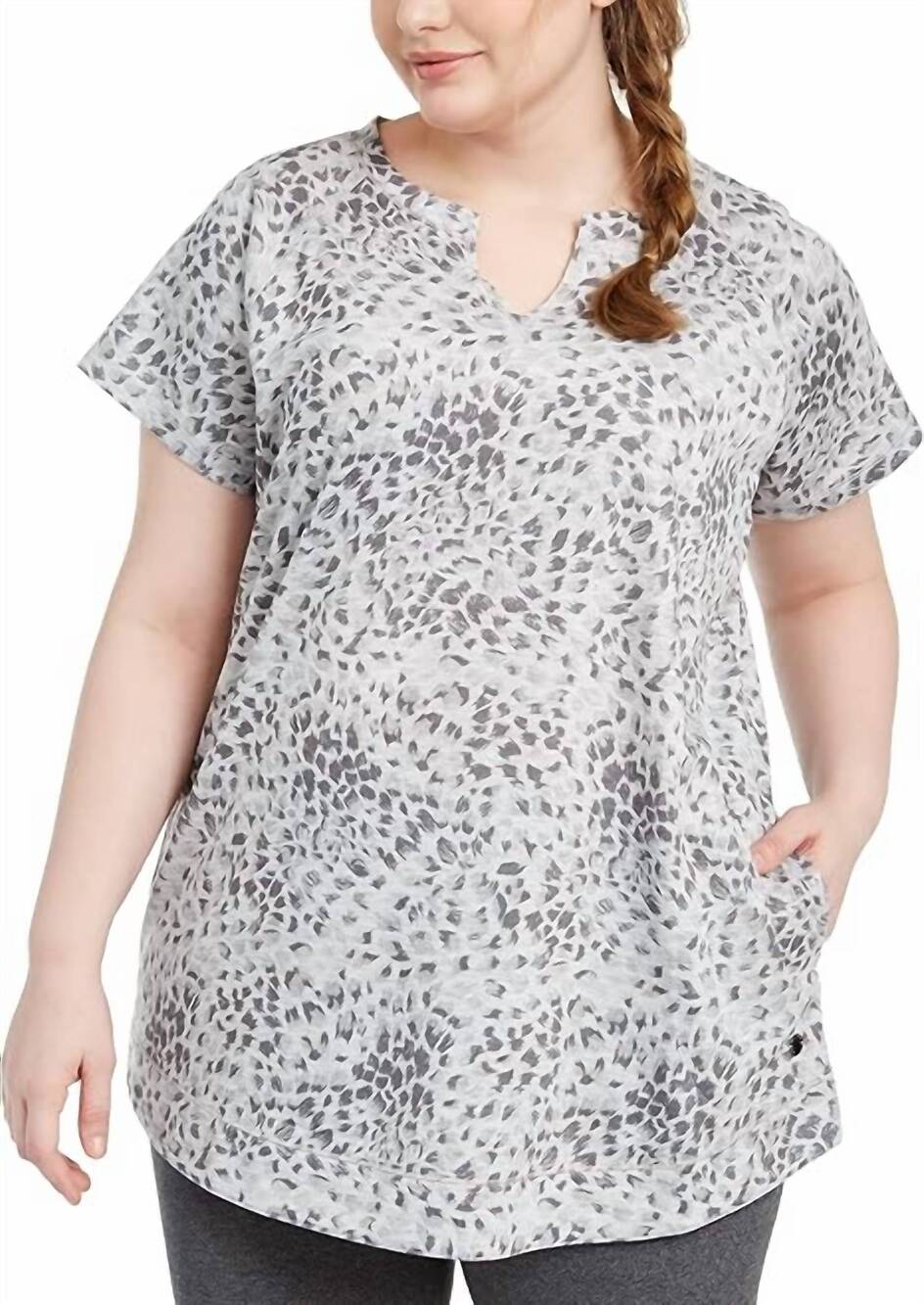 NEW IDEOLOGY printed split neck tunic in grey whisper